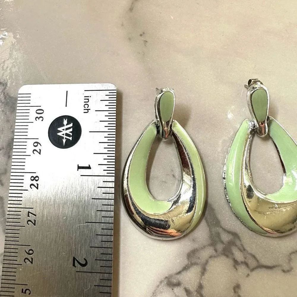 Silver and green teardrop earrings silver tone